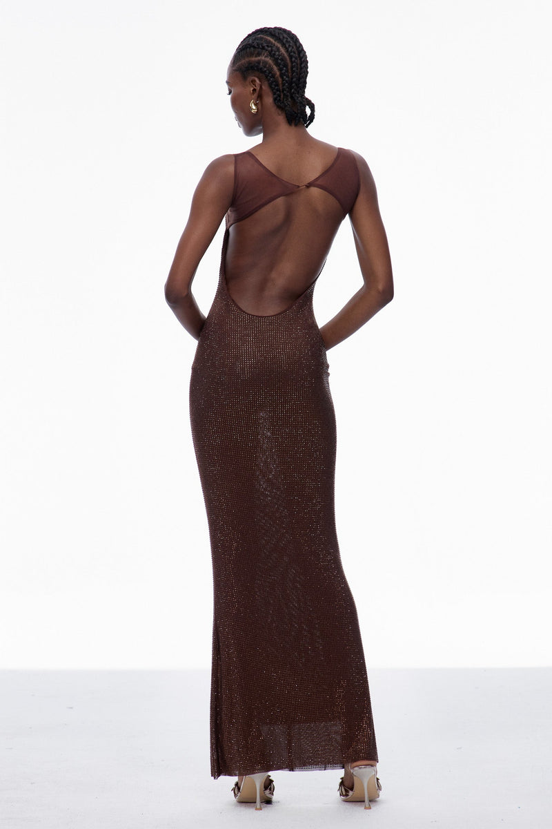Caomh Sequin Backless Maxi Dress in Brown