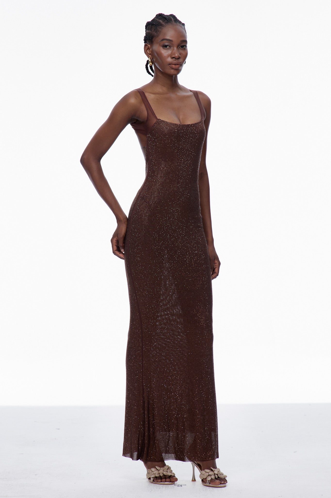 Caomh Sequin Backless Maxi Dress in Brown
