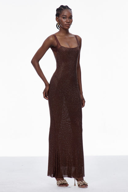 Caomh Sequin Backless Maxi Dress in Brown