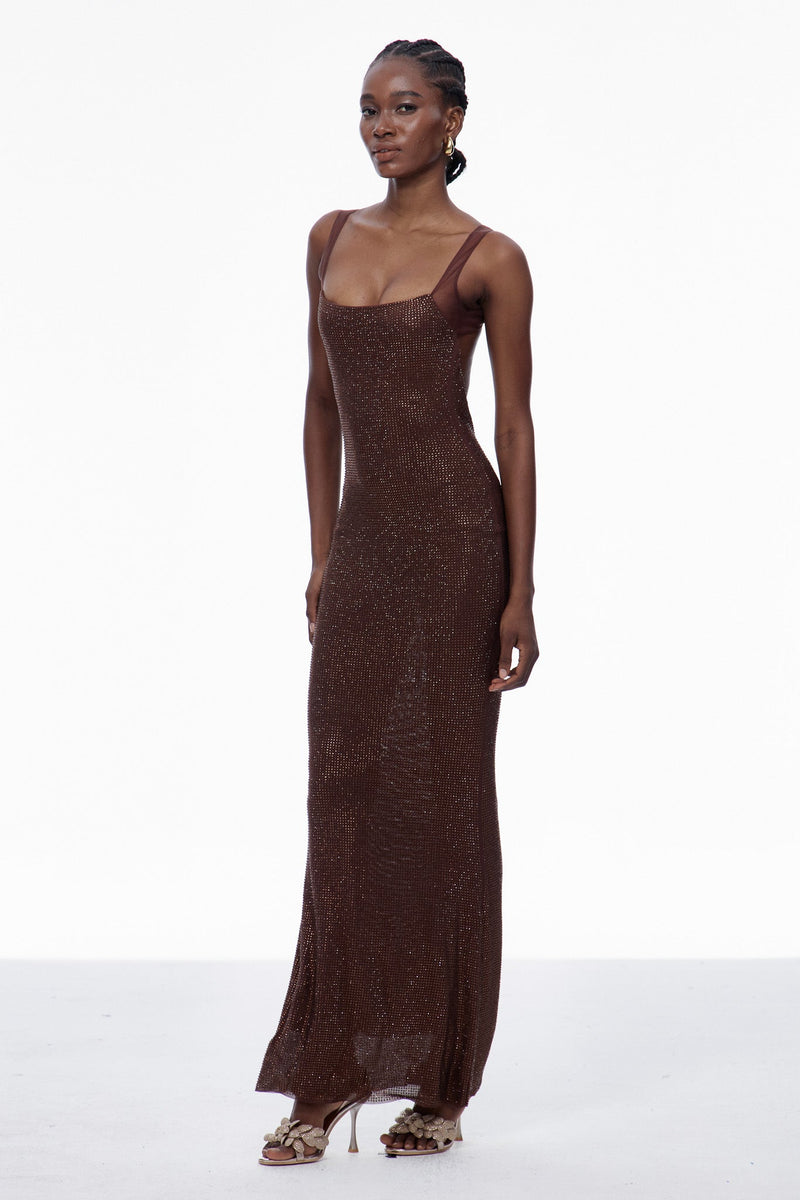 Caomh Sequin Backless Maxi Dress in Brown