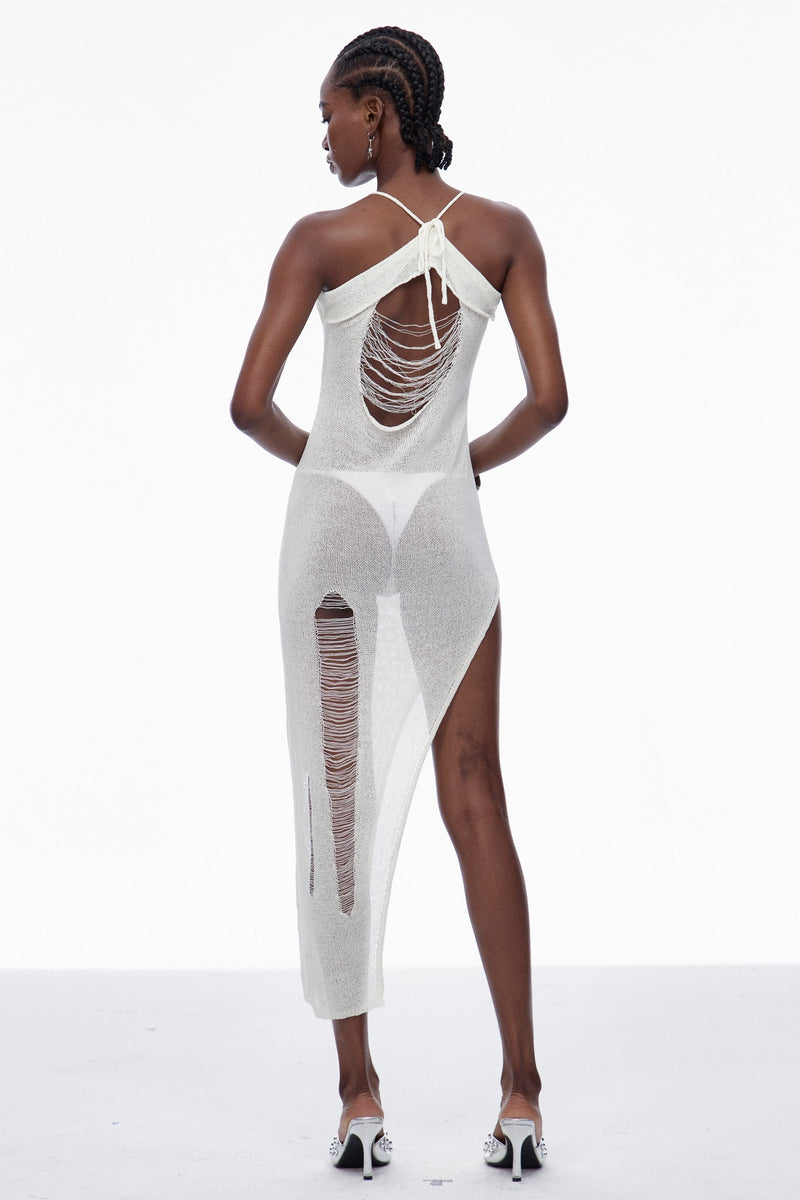 Capri Spaghetti Cutout Knit Maxi Dress in Apricot