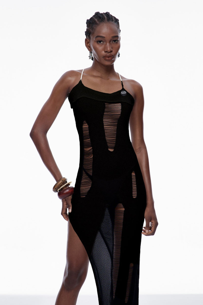 Capri Spaghetti Cutout Knit Maxi Dress in Black
