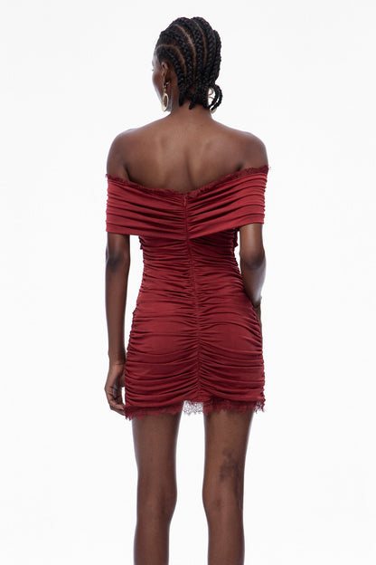 Carine Lace Ruch Off Shoulder Mini Dress