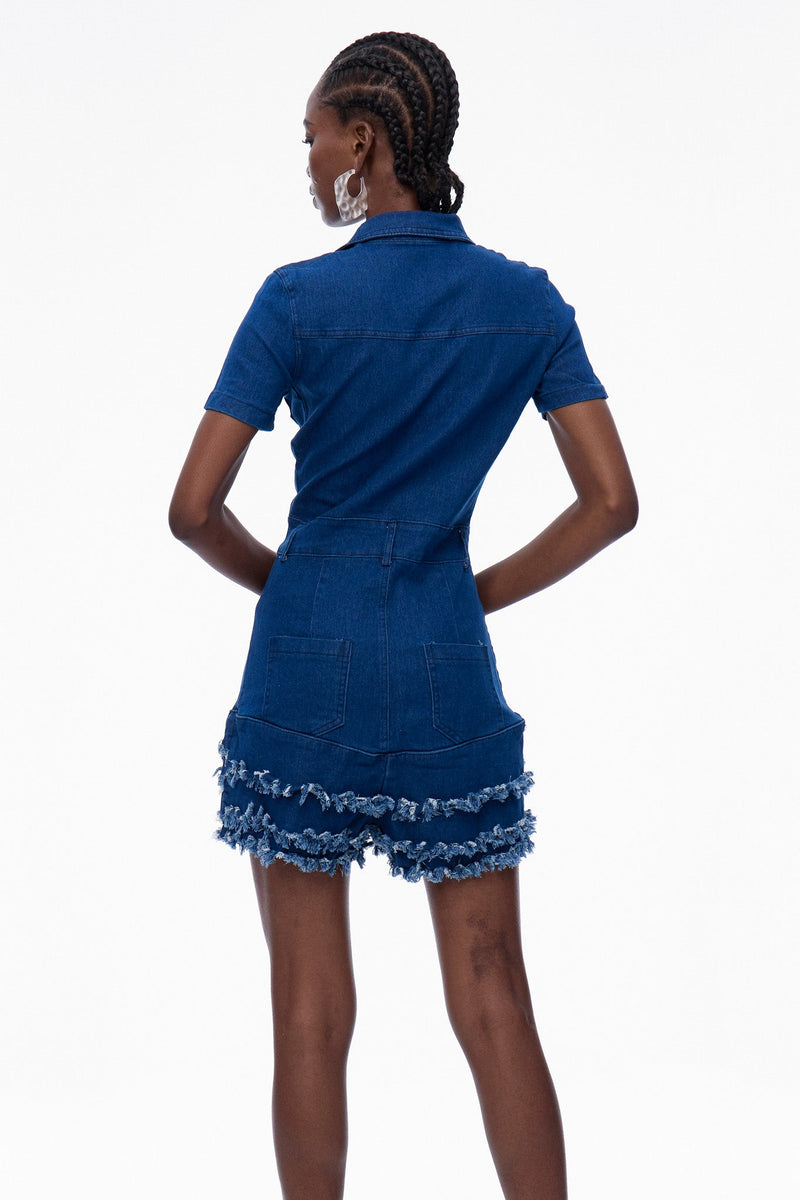 Carla Bodycon Fringe Denim Jumpsuit