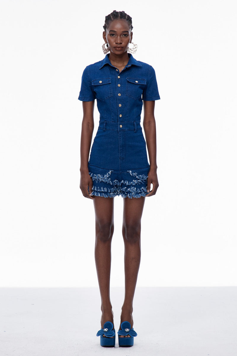 Carla Bodycon Fringe Denim Jumpsuit