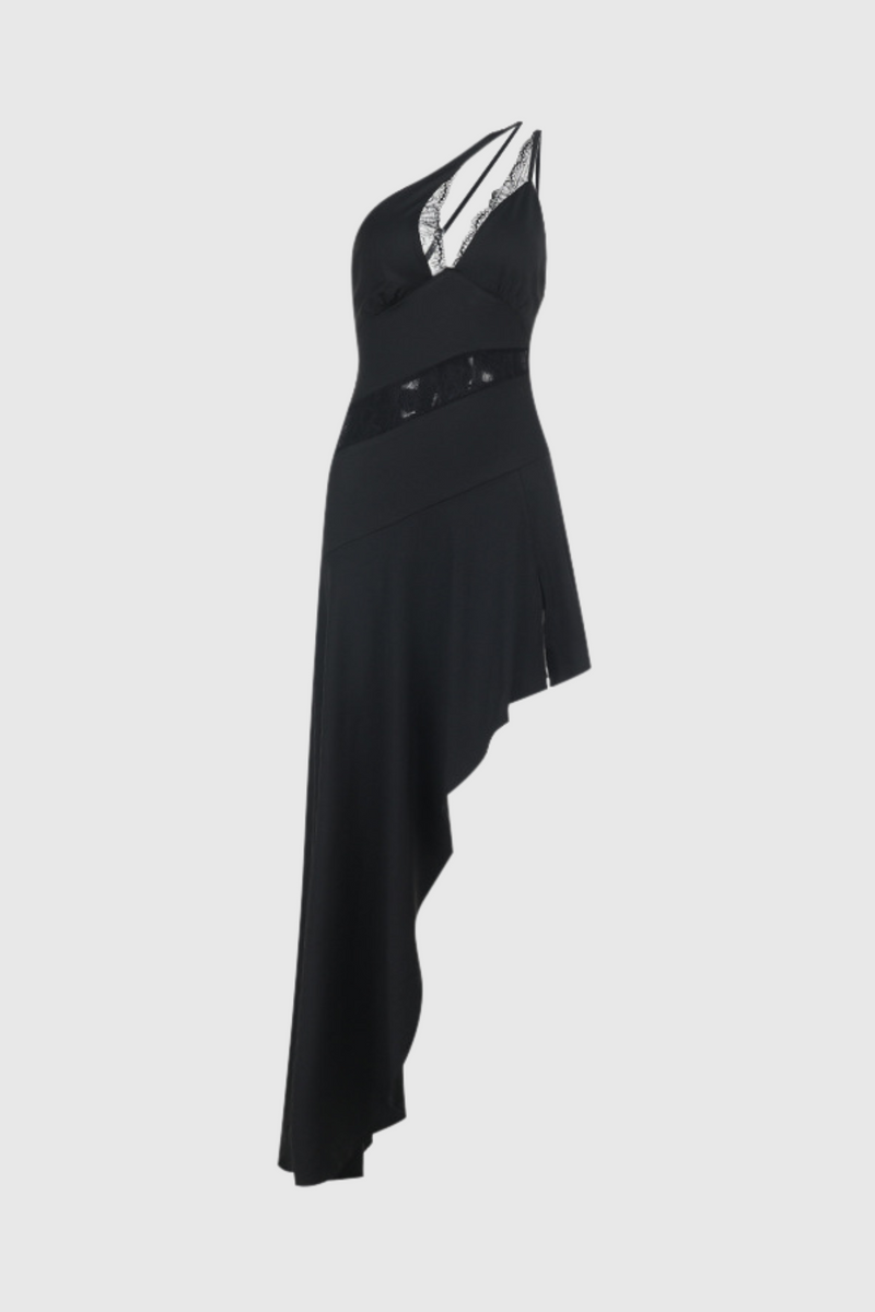 Carlota One Shouder Lace Asymmetric Maxi Dress