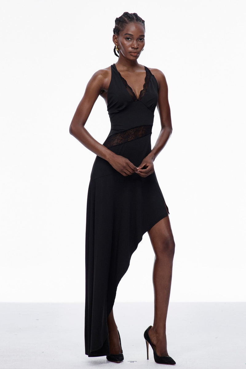 Carlota One Shouder Lace Asymmetric Maxi Dress