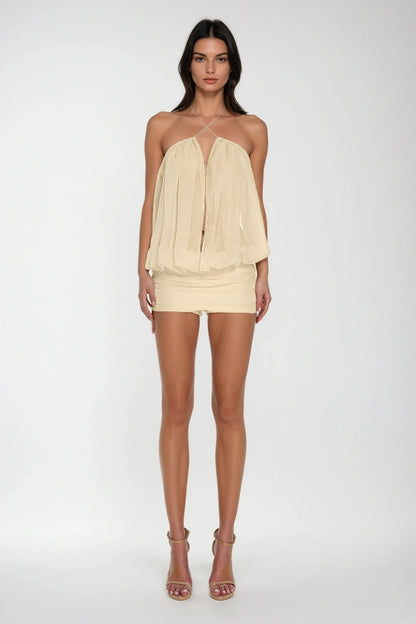 Carola Mesh Ruch Plunge Mini Dress in Apricot