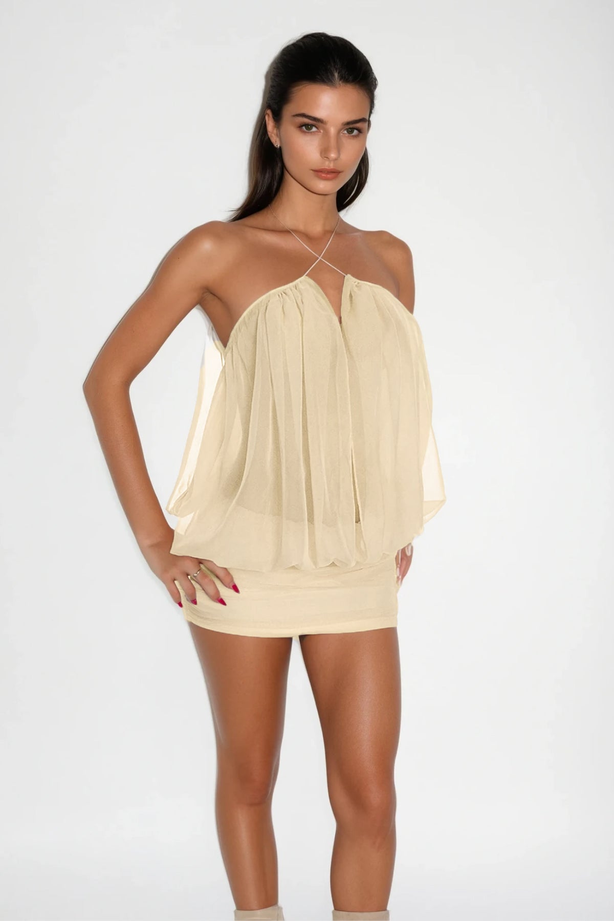 Carola Mesh Ruch Plunge Mini Dress in Apricot