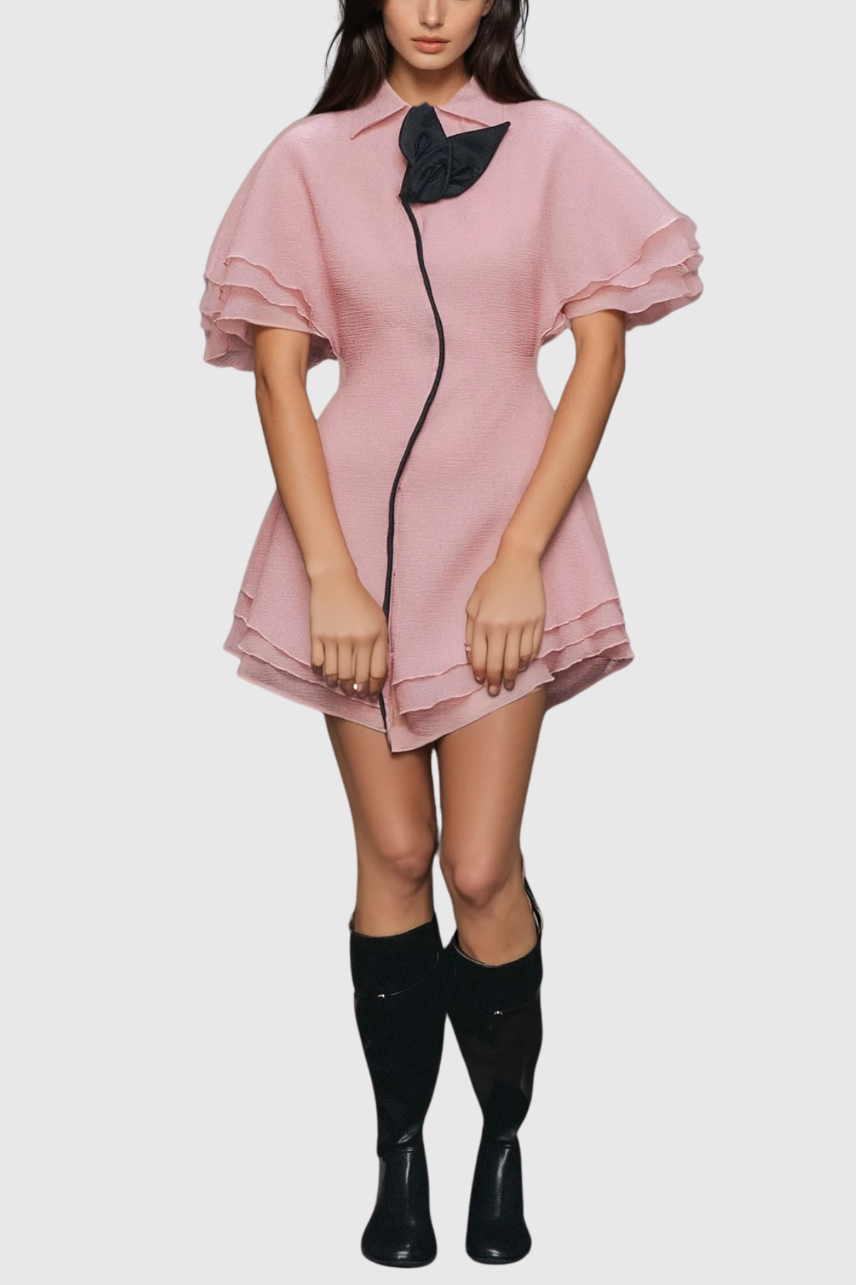 Carolus Lapel Ruffle Mini Dress in Pink
