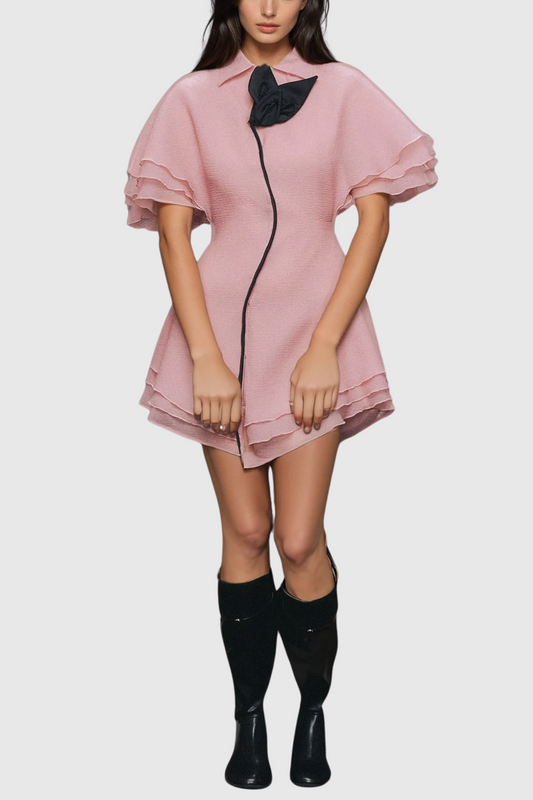 Carolus Lapel Ruffle Mini Dress in Pink