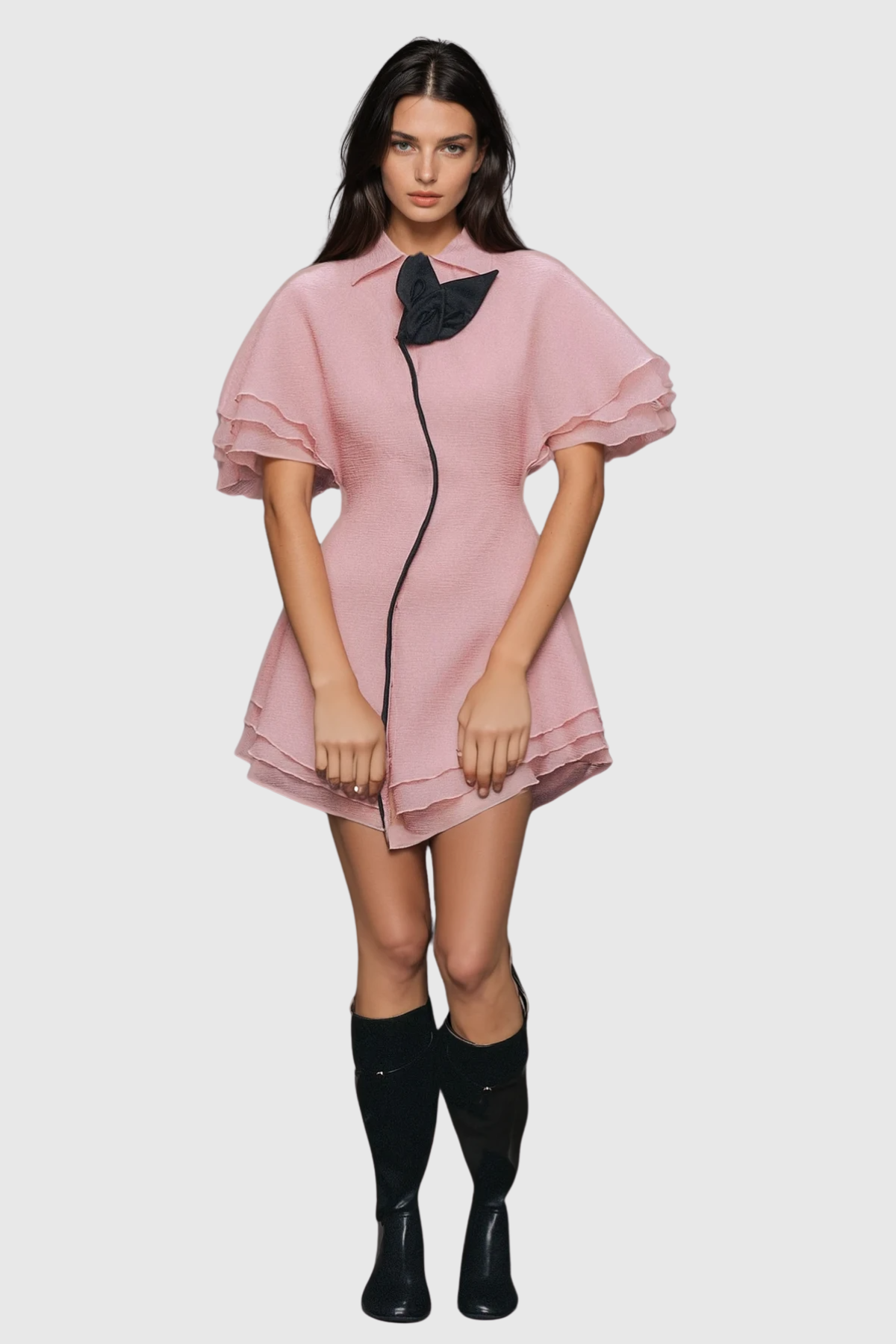 Carolus Lapel Ruffle Mini Dress in Pink