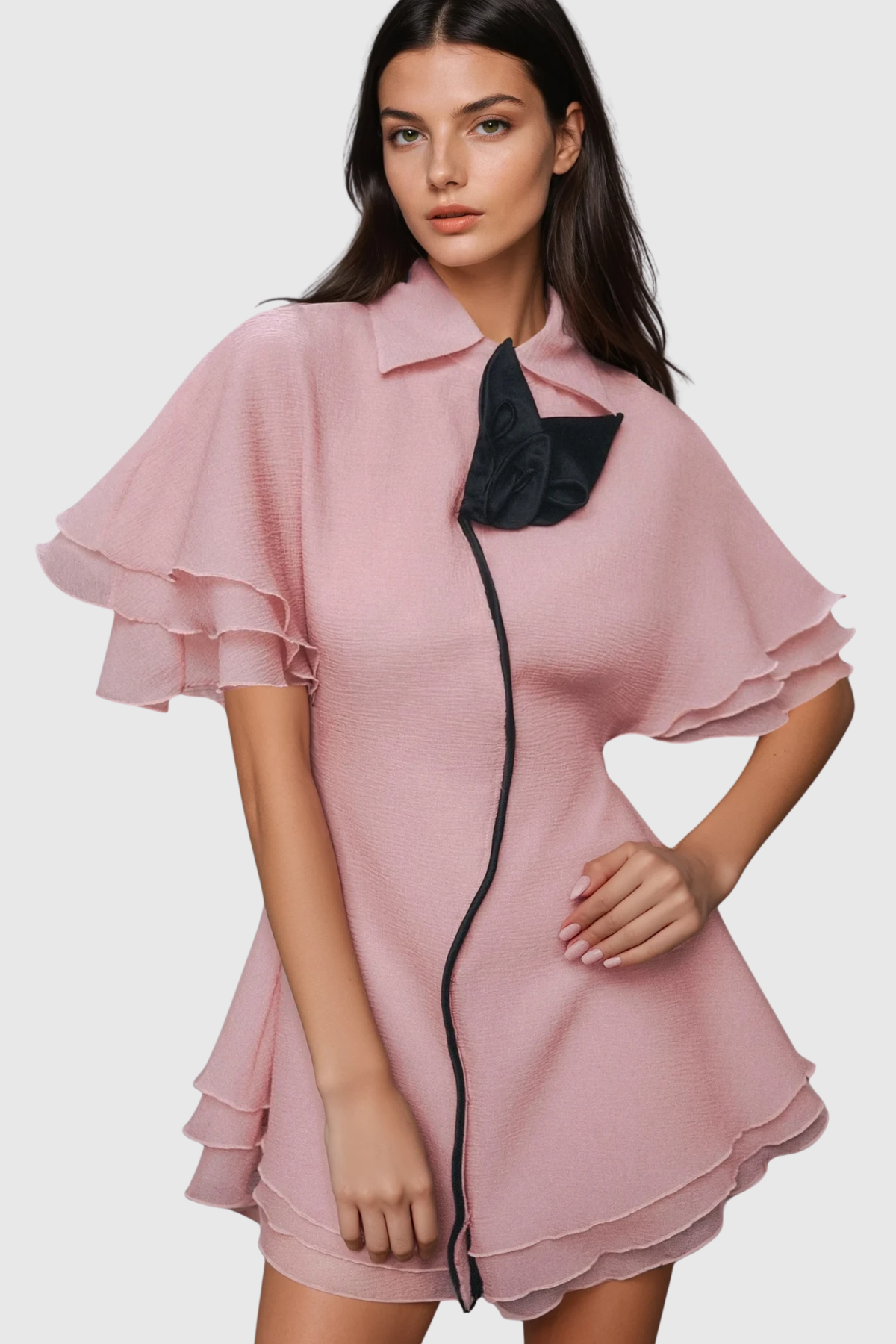 Carolus Lapel Ruffle Mini Dress in Pink