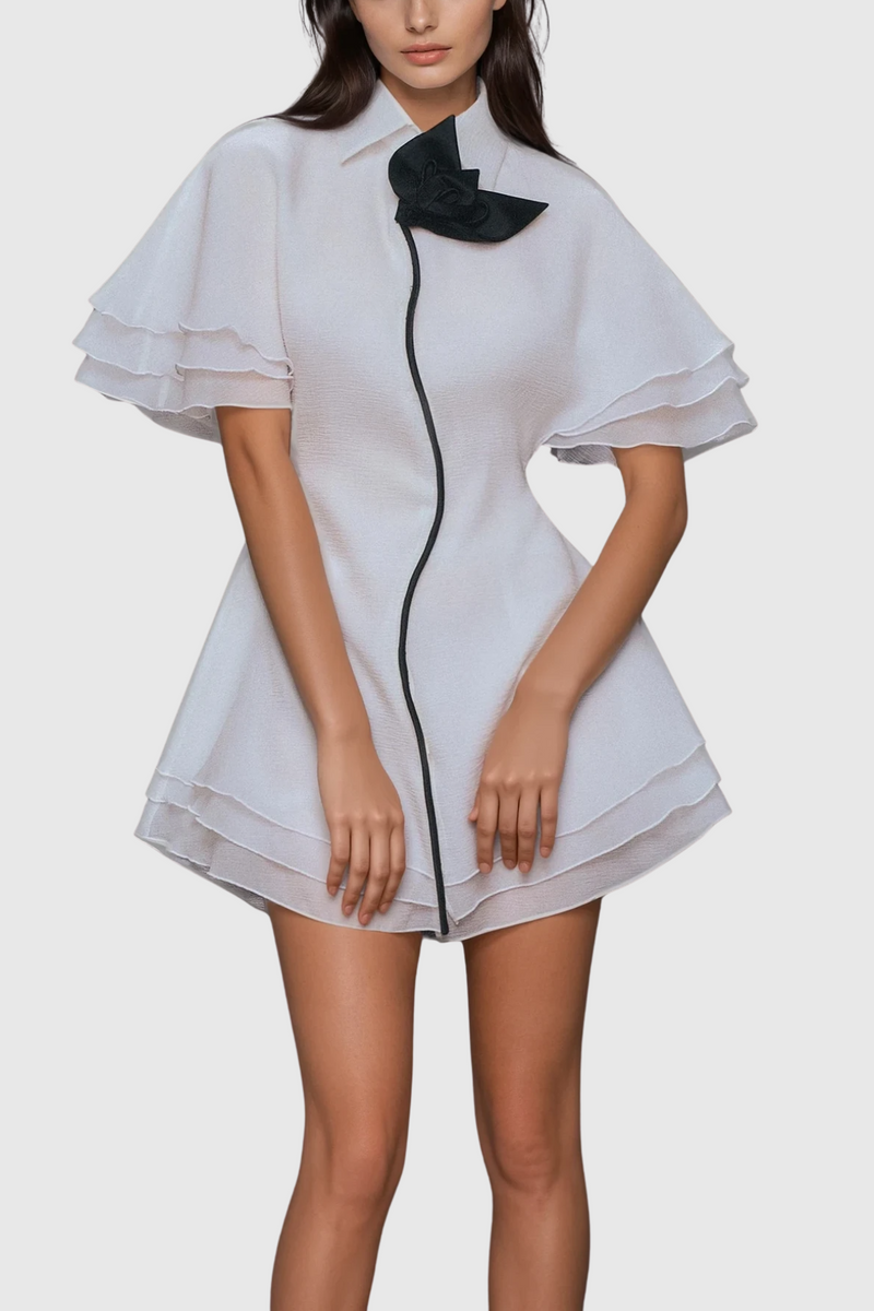 Carolus Lapel Ruffle Mini Dress in White