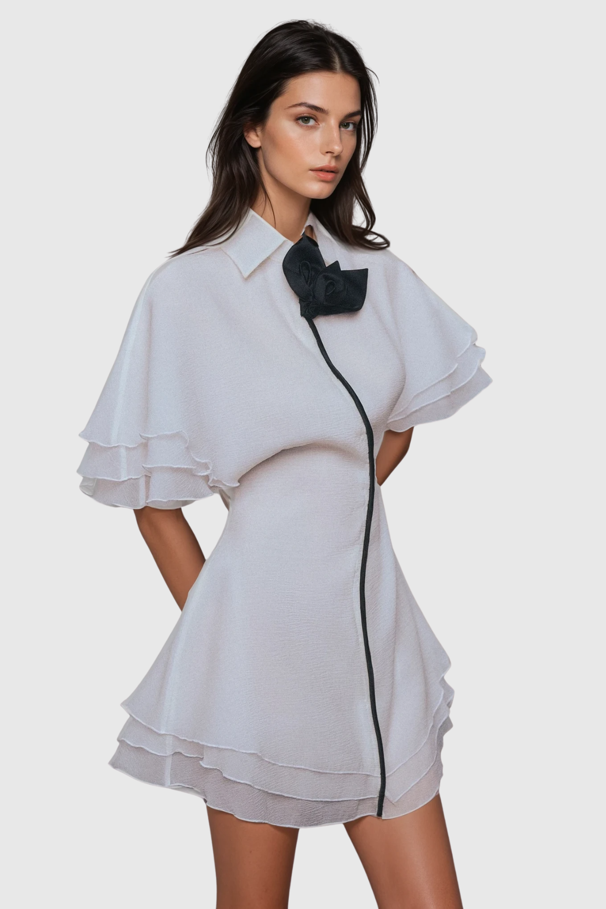 Carolus Lapel Ruffle Mini Dress in White