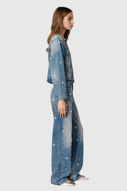 Carrie Rhinestone Pearl Denim Pants Set