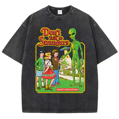 Cartoon Alien Classic Communication Print T-shirt Breathable Cotton Short Sleeve Washed Worn Out Female T Shirts