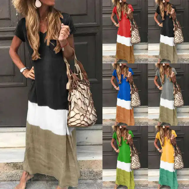 Loose Contrasting Colors Long Dresses Summer V-neck Short Sleeves Maxi Dress Female Commuting Vestidos New