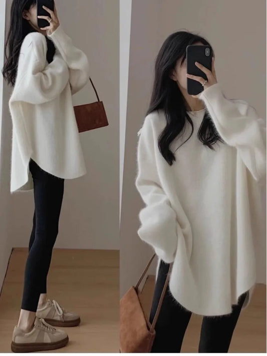 Oversized Knitted Sweater Autumn Winter O-neck Korean Mid Length Loose Pullover Knitwear Top