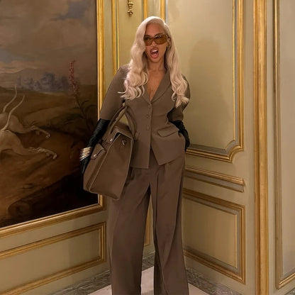 Puff Sleeve Blazer Wide Trousers Office Two Piece Set
