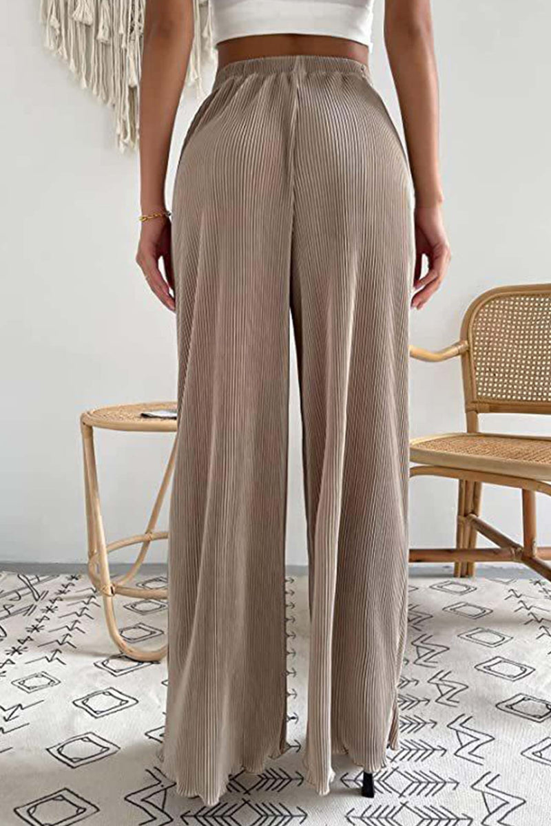 Color Elastic Waist Wide Leg Long Pants