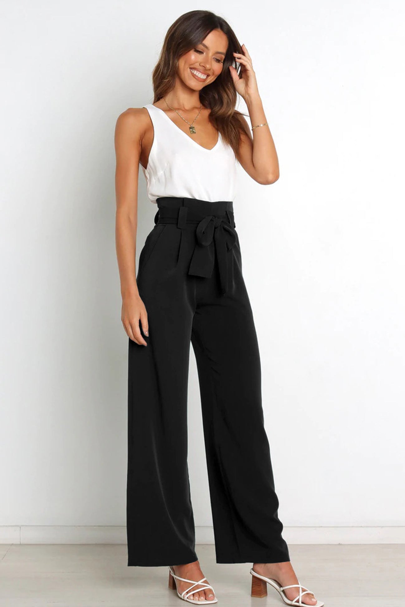 Tie-front Loose Straight Long Pants