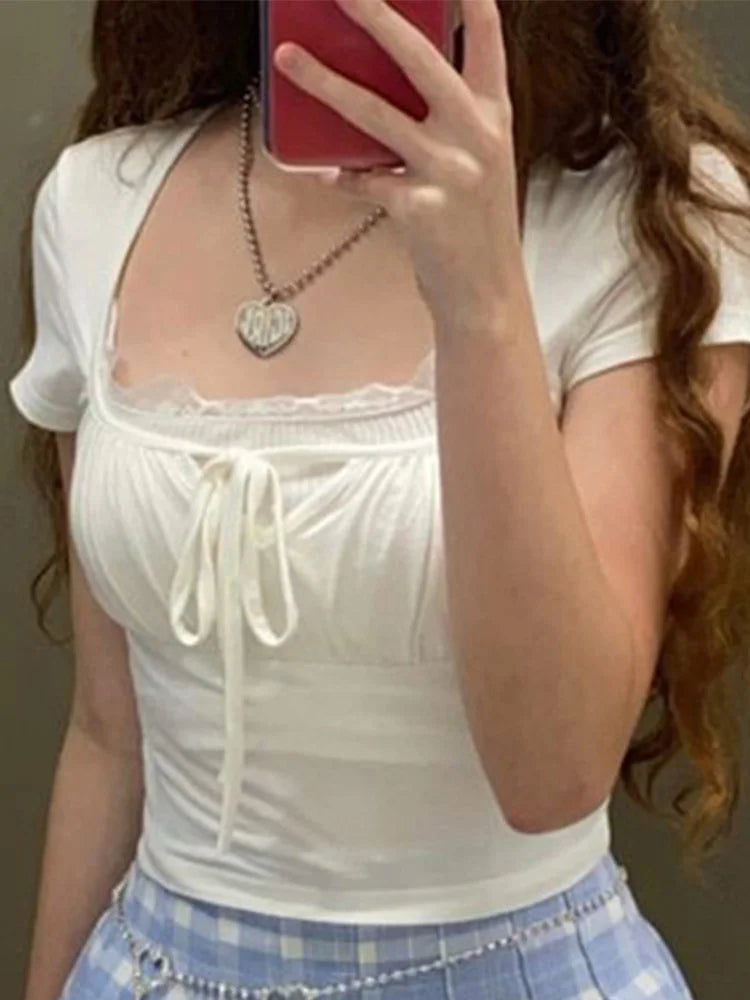 White Knitted Lac Patched Female T-shirts Y2k Korean Style Slim Tie Up Shirring Summer Top Tee Folds Outfits