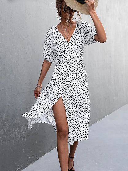 Chiffon Side Wrap Polka Dot Puff A-line Split Midi Dresses