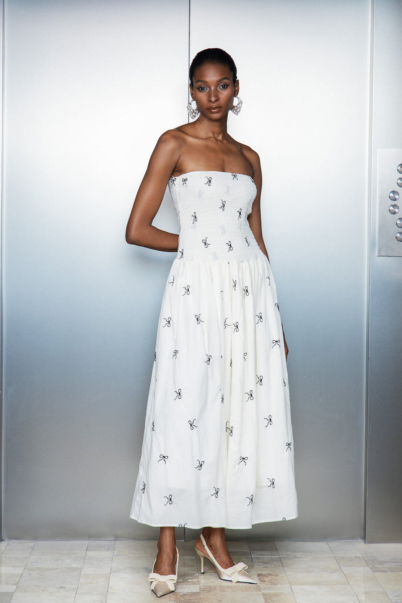 Caterina Strapless Bow Ruffle Maxi Dress