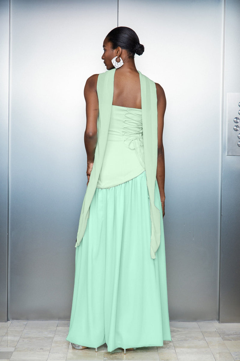 Cathaoir Ruffle Asymmetric Split Maxi Dress in Green