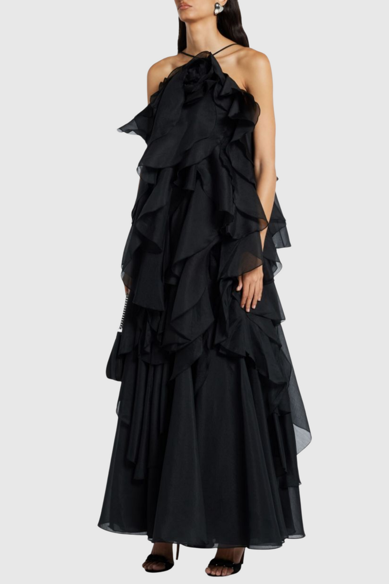 Caysie Halter Ruffle Layered Maxi Dress - Black