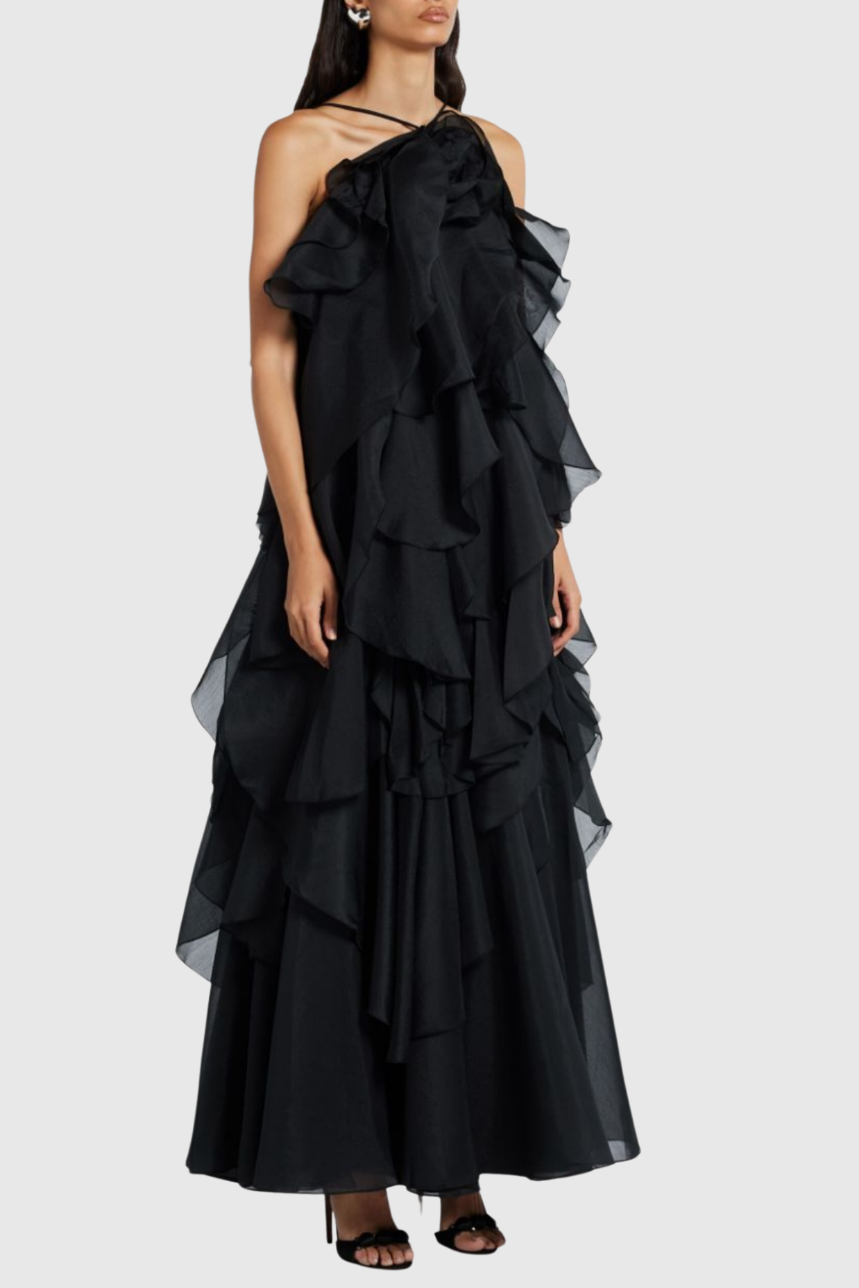 Caysie Halter Ruffle Layered Maxi Dress - Black