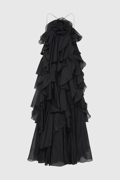 Caysie Halter Ruffle Layered Maxi Dress - Black