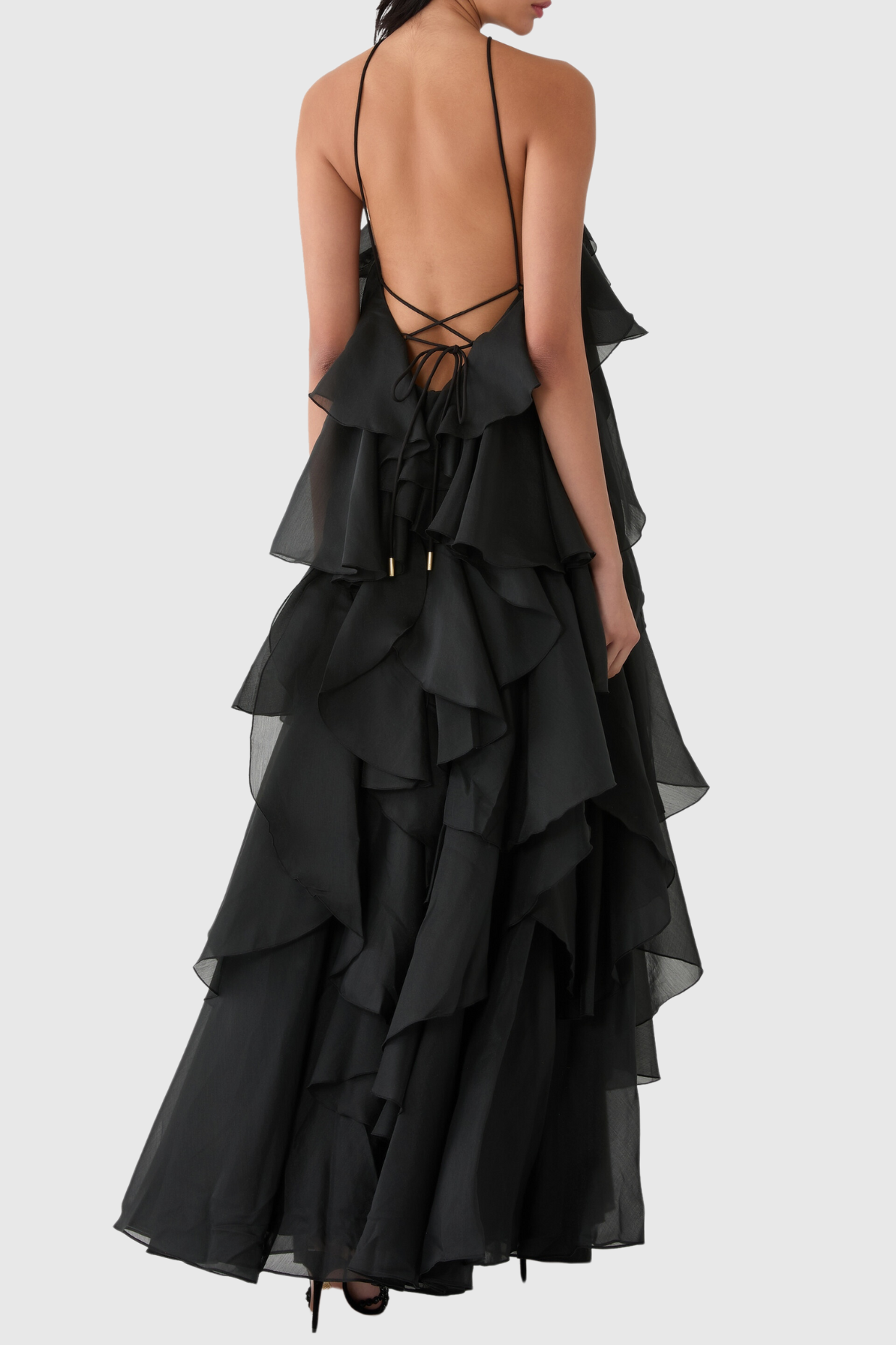 Caysie Halter Ruffle Layered Maxi Dress - Black