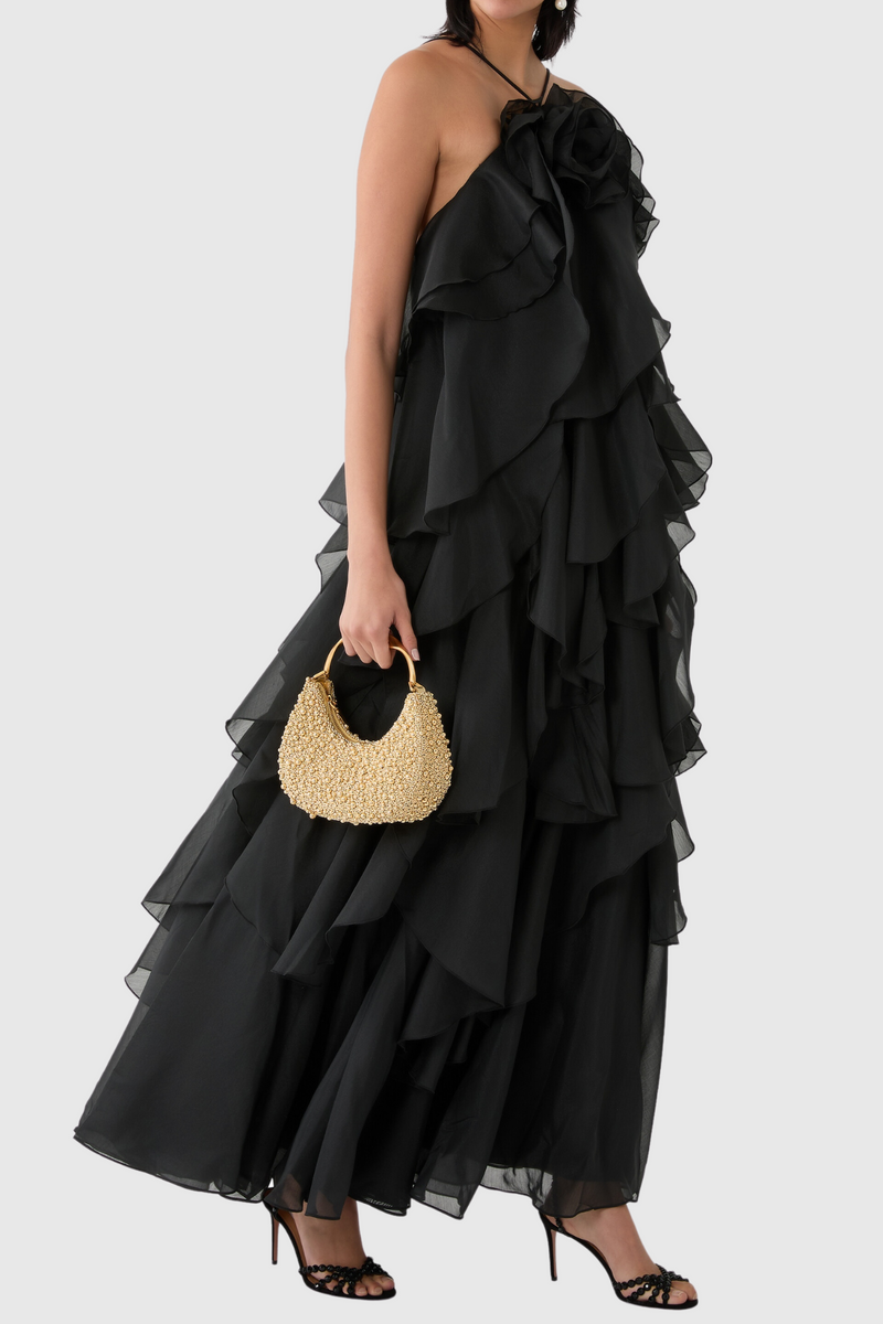 Caysie Halter Ruffle Layered Maxi Dress - Black