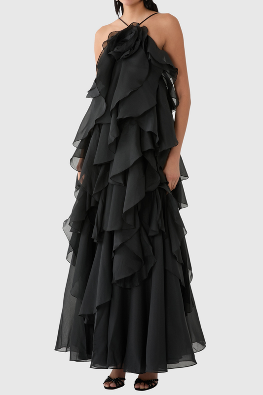 Caysie Halter Ruffle Layered Maxi Dress - Black