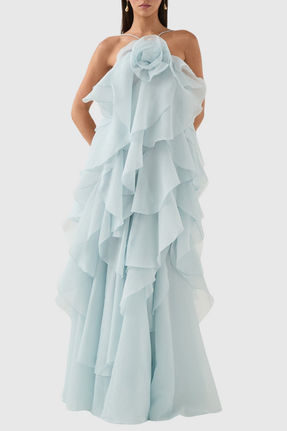 Caysie Halter Ruffle Layered Maxi Dress - Blue