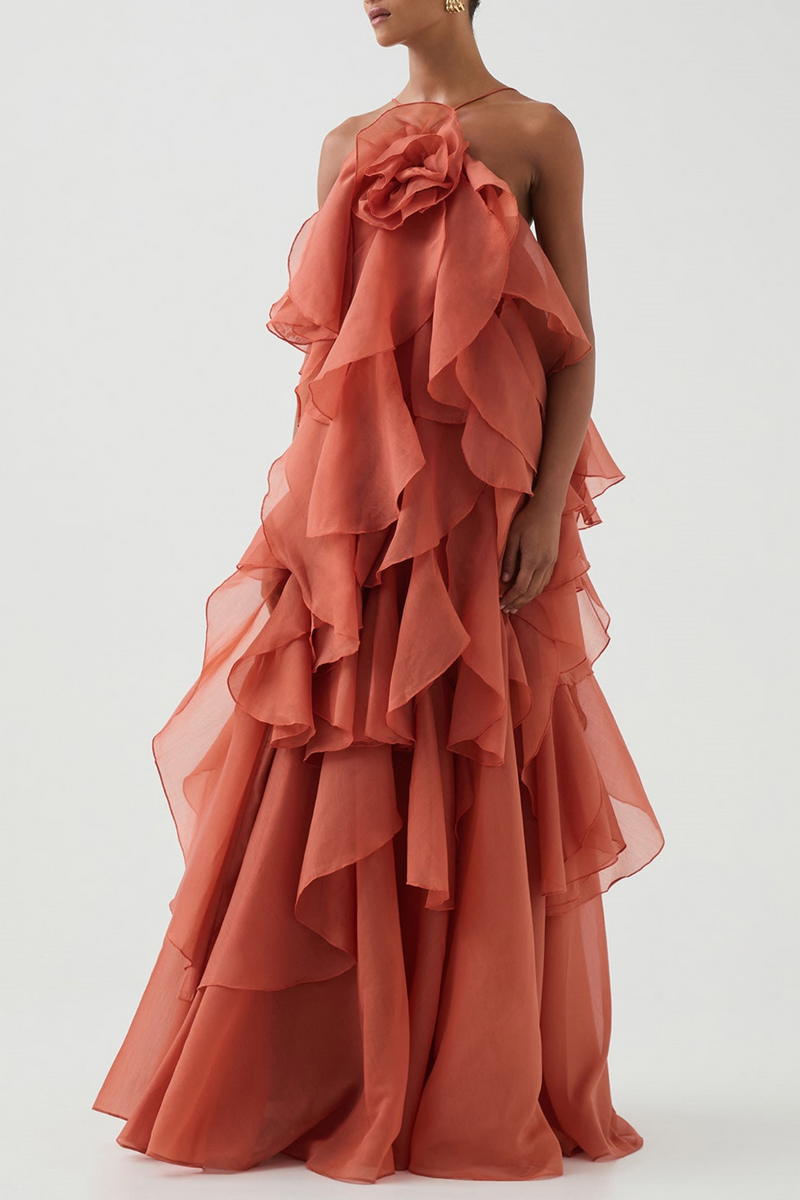 Caysie Halter Ruffle Layered Maxi Dress - Orange