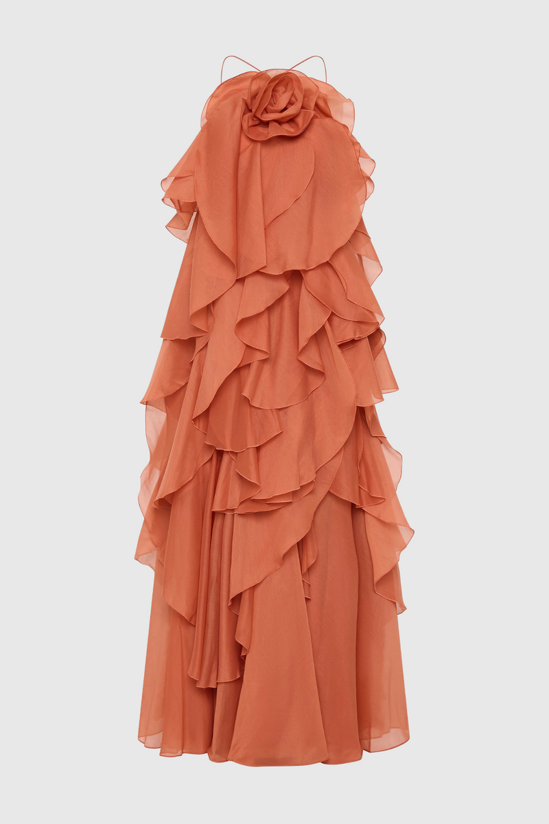 Caysie Halter Ruffle Layered Maxi Dress - Orange
