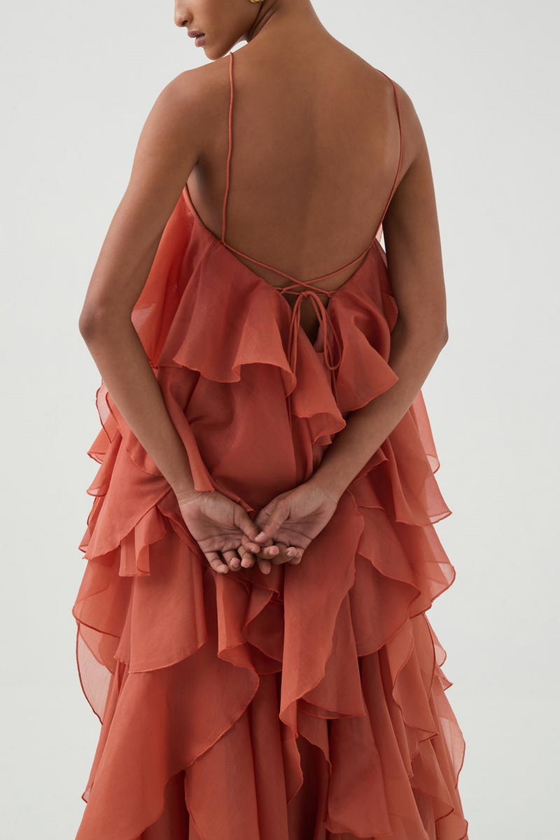 Caysie Halter Ruffle Layered Maxi Dress - Orange