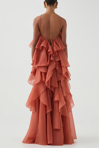 Caysie Halter Ruffle Layered Maxi Dress - Orange