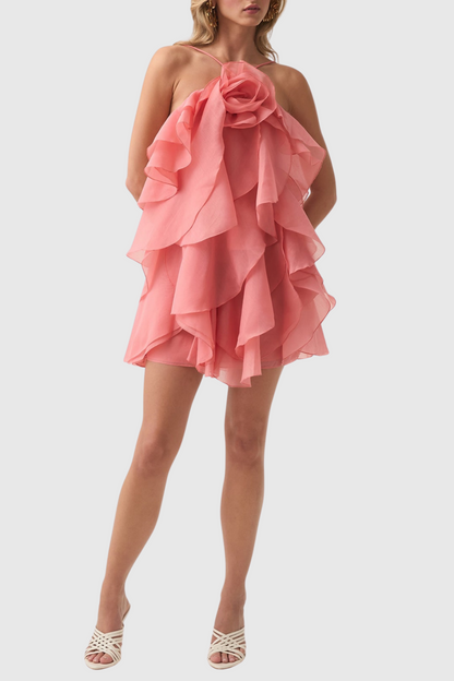 Caysie Halter Ruffle Layered Mini Dress - Orange