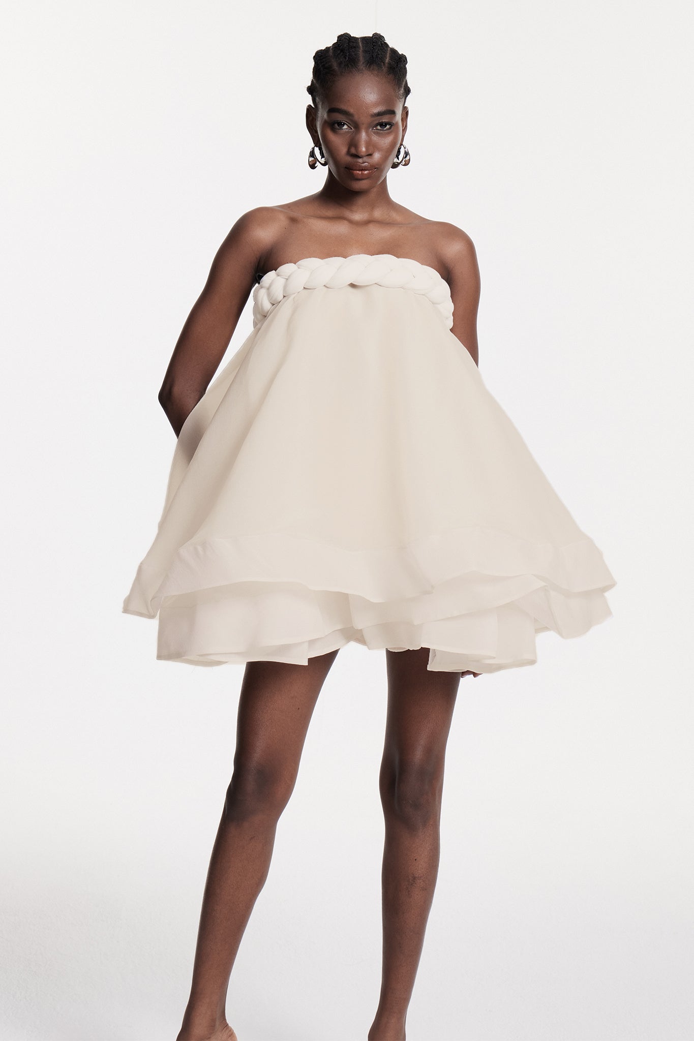 Cebrail Ruffle Puffy Mini Dress in White