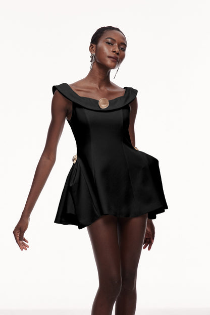 Cecilija Off Shoulder Ruffle Mini Dress in Black