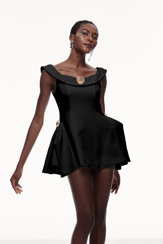 Cecilija Off Shoulder Ruffle Mini Dress in Black