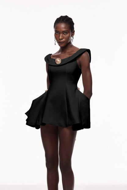 Cecilija Off Shoulder Ruffle Mini Dress in Black