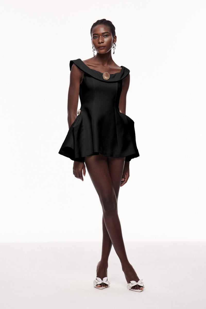 Cecilija Off Shoulder Ruffle Mini Dress in Black