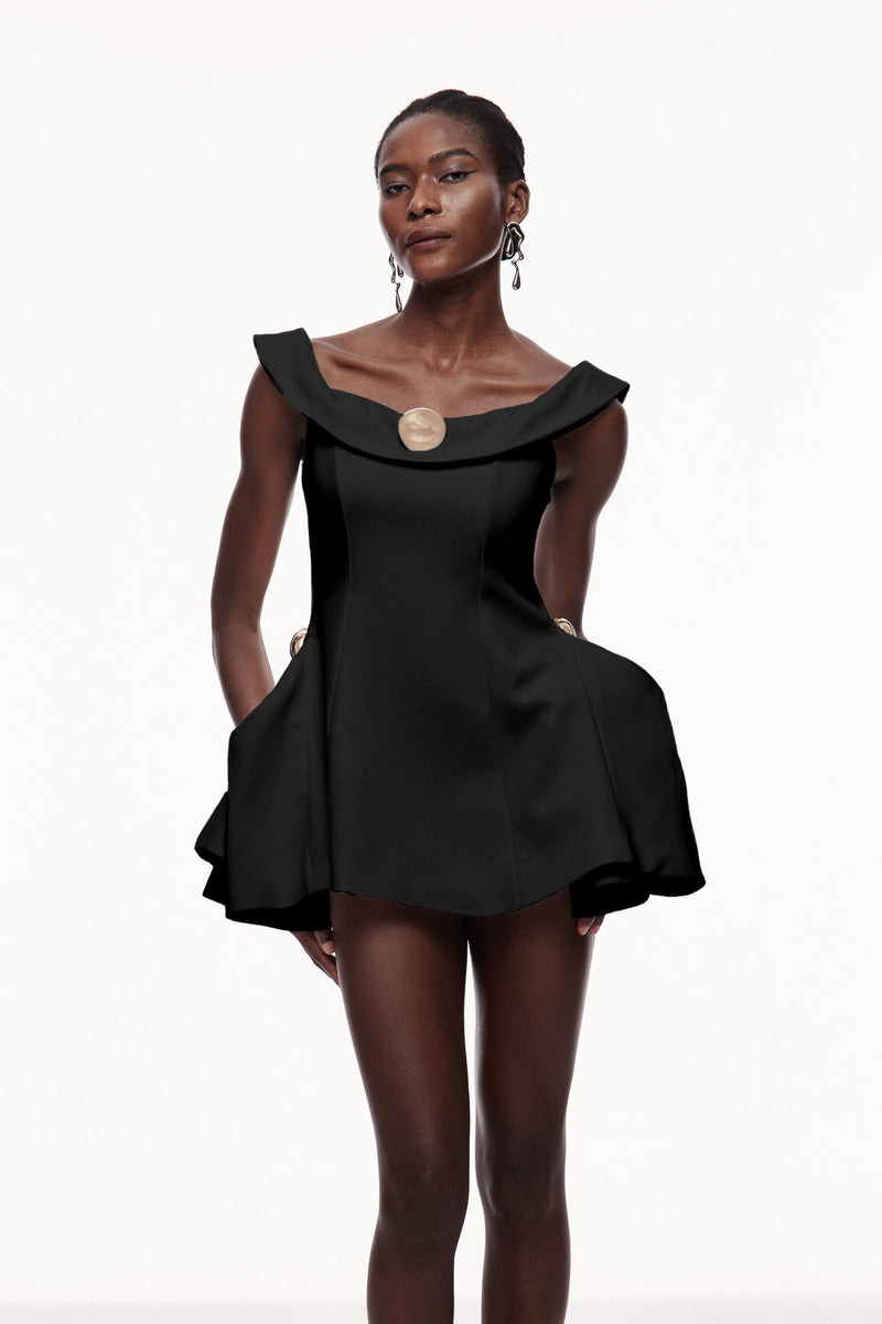 Cecilija Off Shoulder Ruffle Mini Dress in Black