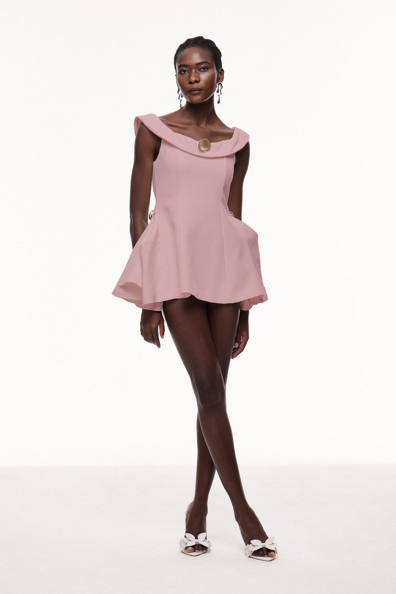 Cecilija Off Shoulder Ruffle Mini Dress in Pink