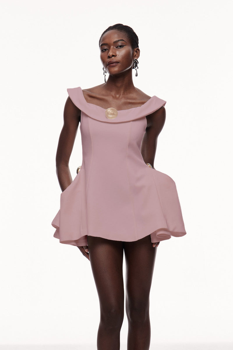 Cecilija Off Shoulder Ruffle Mini Dress in Pink